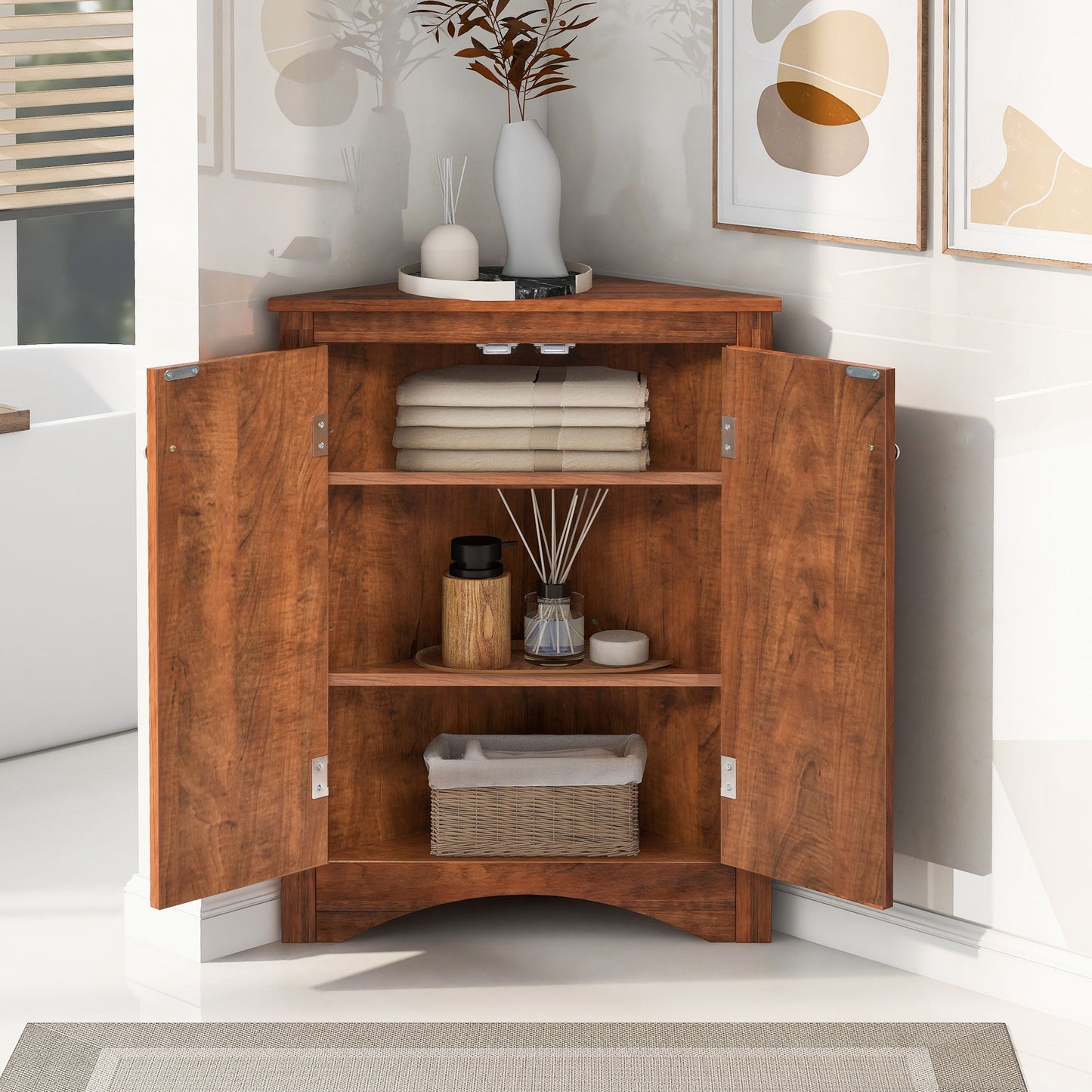 Triangle Bathroom Storage Cabinet With Adjustable Shelves, Freestanding Floor Cabinet For Home Kitchen - Brown