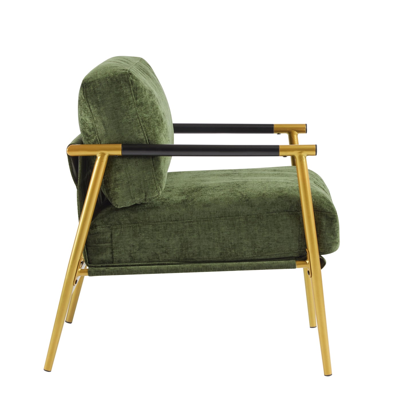 Modern Accent Chair With Plush Cushions, Minimalist Metal Frame, & Wooden Armrest Design - Gold / Green