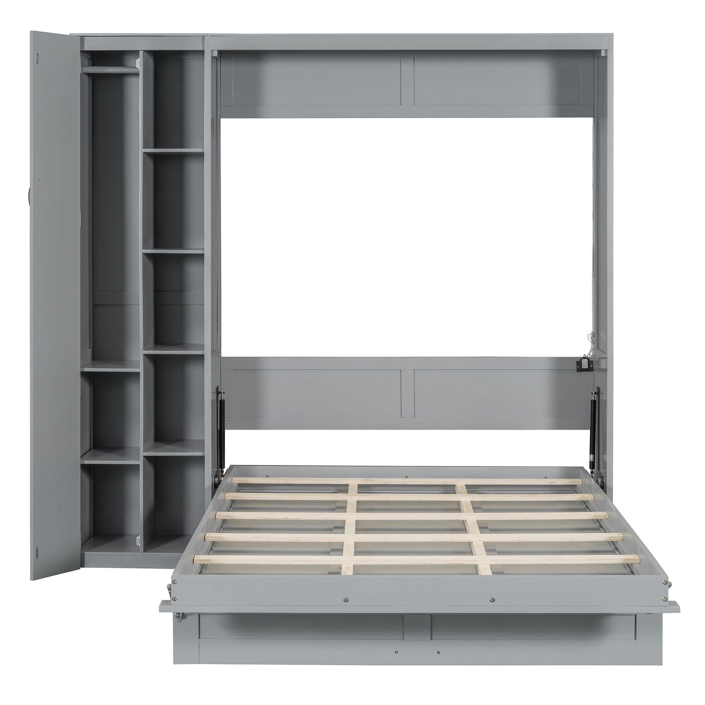 Full Size Murphy Wall Bed With Shelves, Wardrobe And LED Lights - Gray