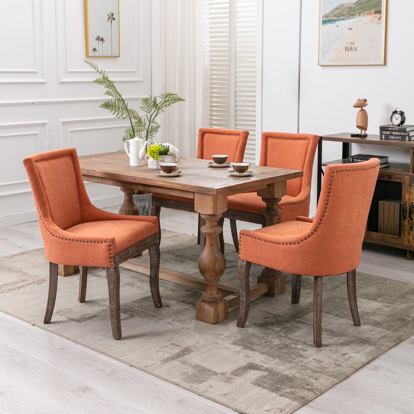 Ultra Side Dining Chair,Thickened Fabric Chairs With Neutrally Toned Solid Wood Legs, Bronze Nail Head (Set of 2) - Orange