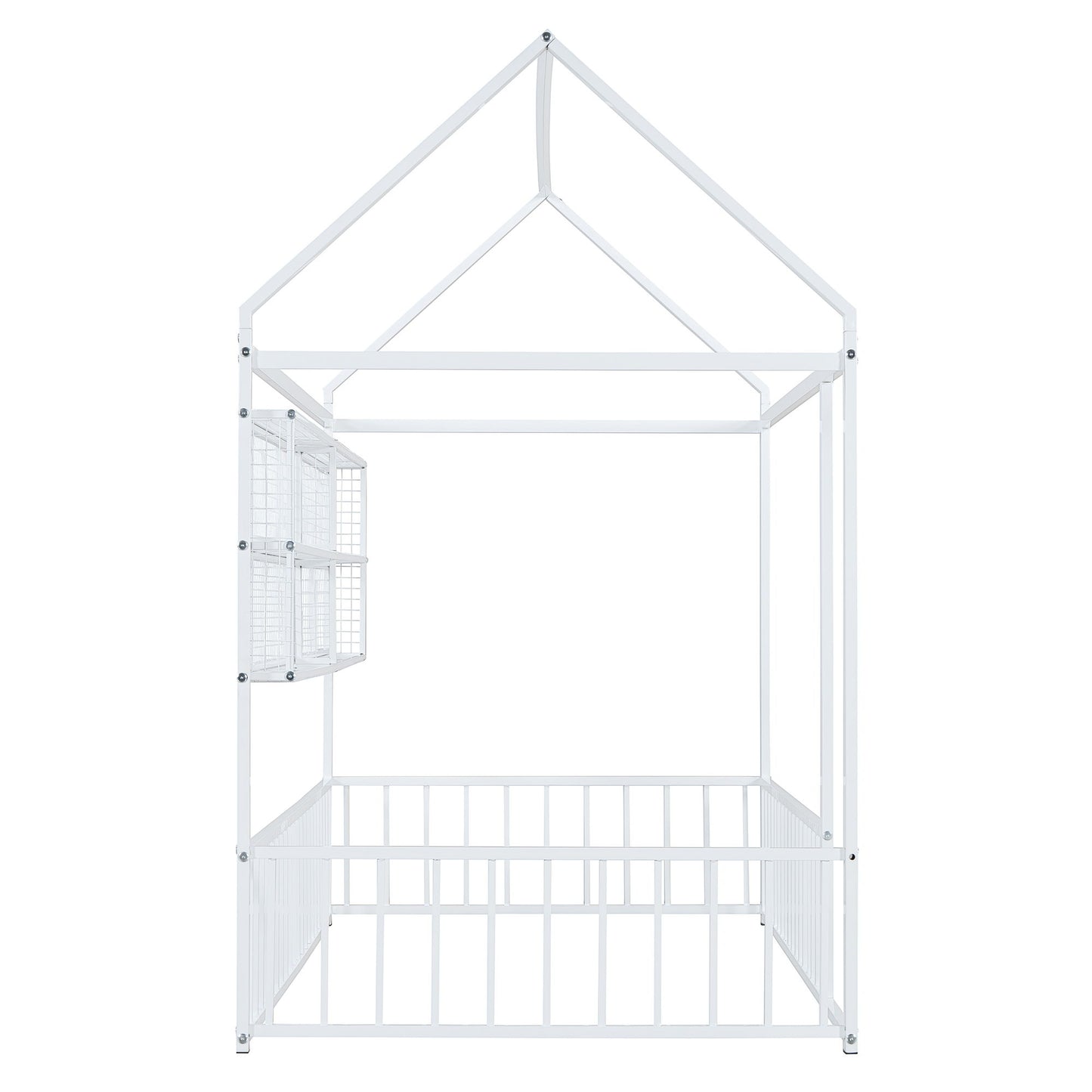Twin Size Bed House Frame With Fence And Shelves - White