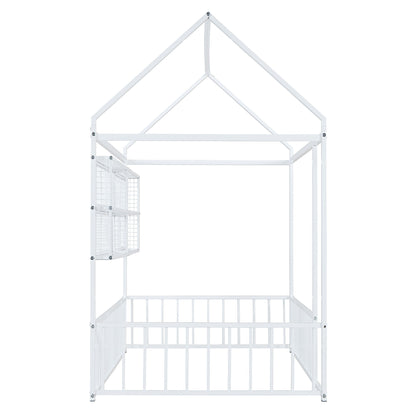 Twin Size Bed House Frame With Fence And Shelves - White