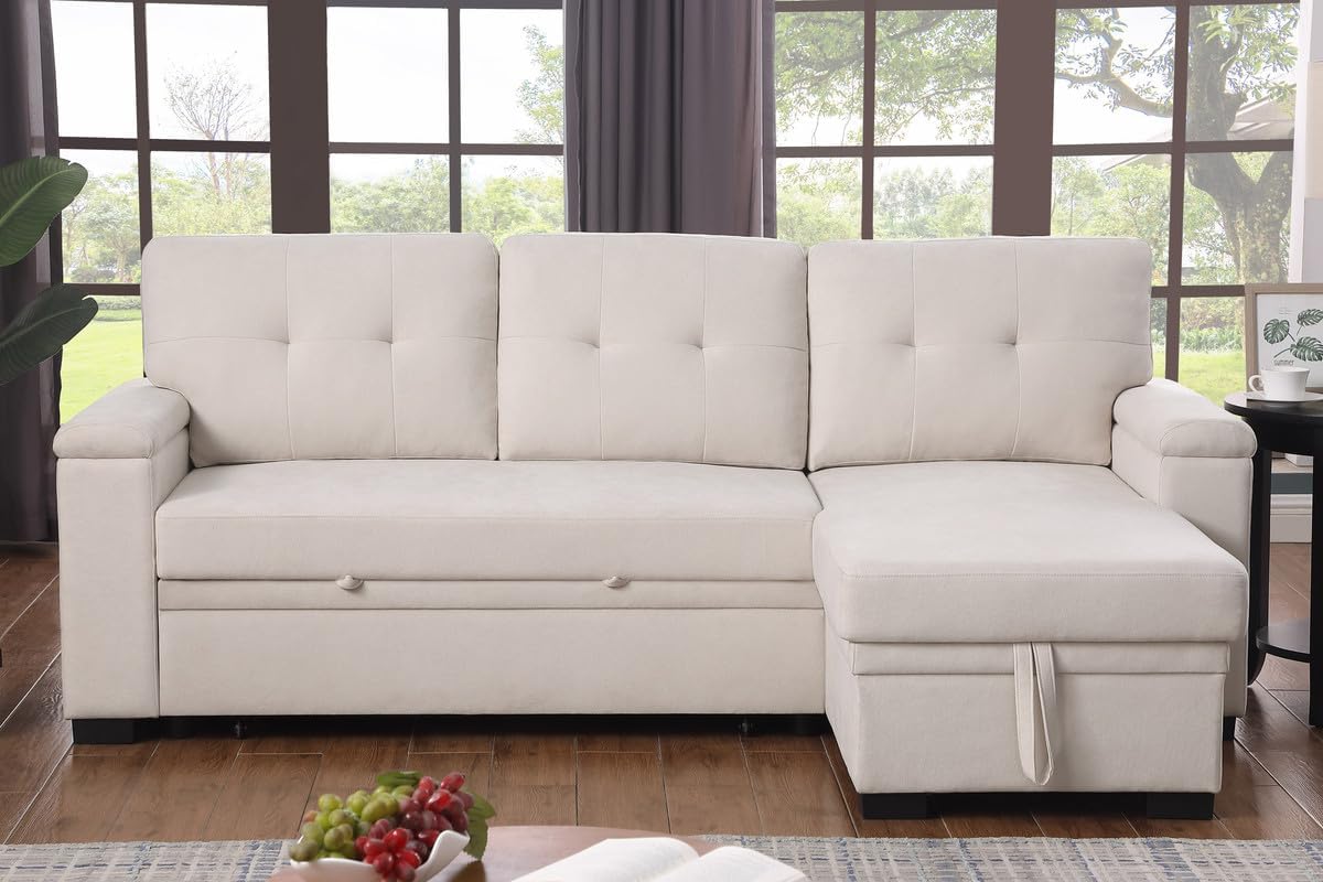 Lucca II - Woven Fabric Reversible Sleeper Sectional Sofa With Storage Chaise and Pocket Coil Seating - Beige