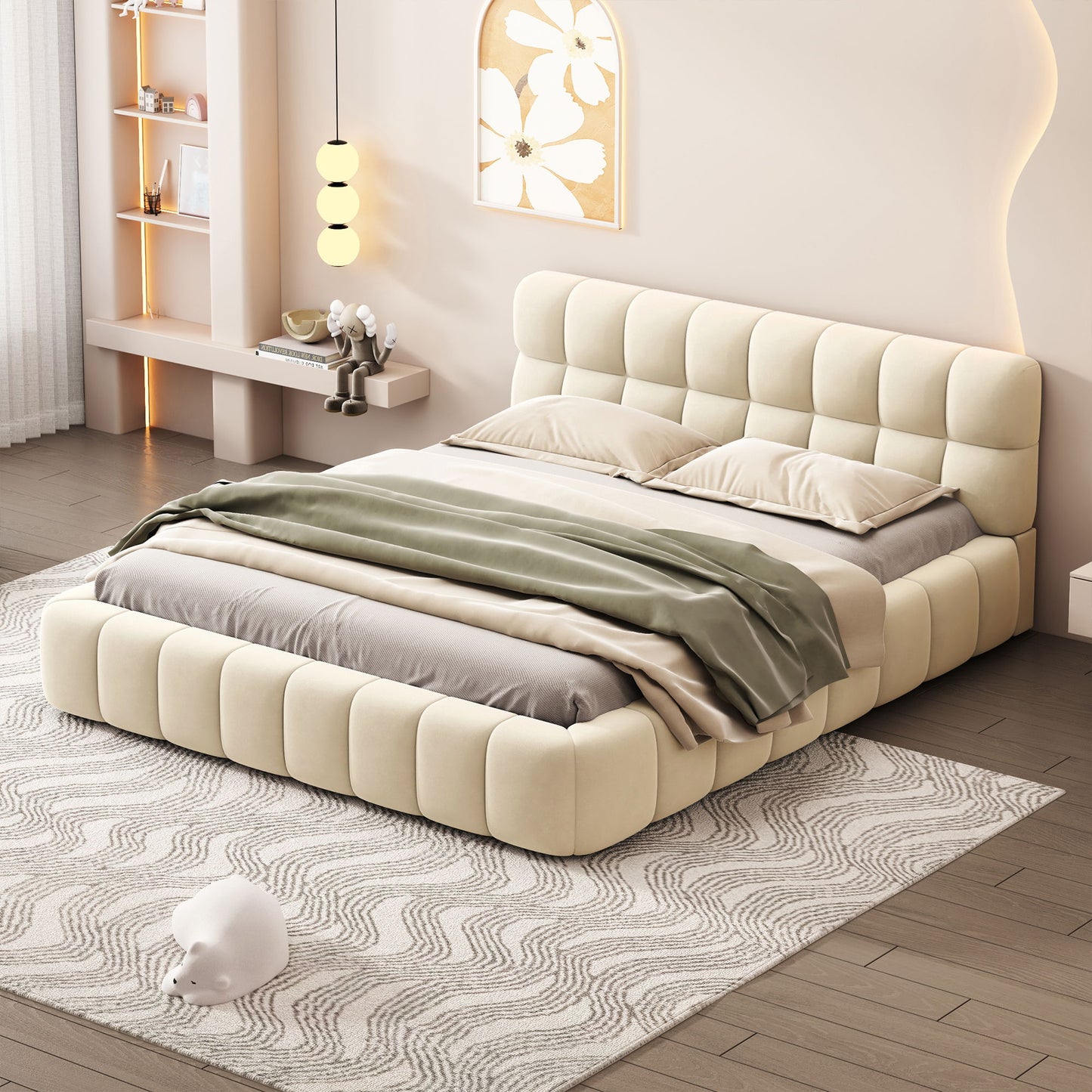 Queen Size Upholstered Platform Bed With Thick, Grounded Bed With Solid Frame - Beige