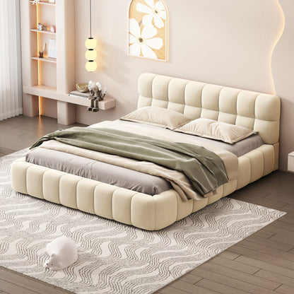 Queen Size Upholstered Platform Bed With Thick, Grounded Bed With Solid Frame - Beige