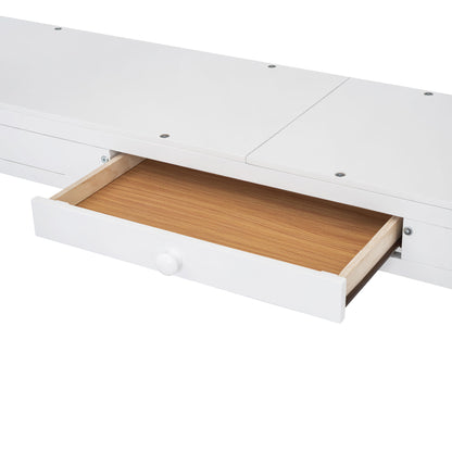 Full Loft Bed With U Shaped Desk, Storage Compartments And Tri Fold Mirror - White