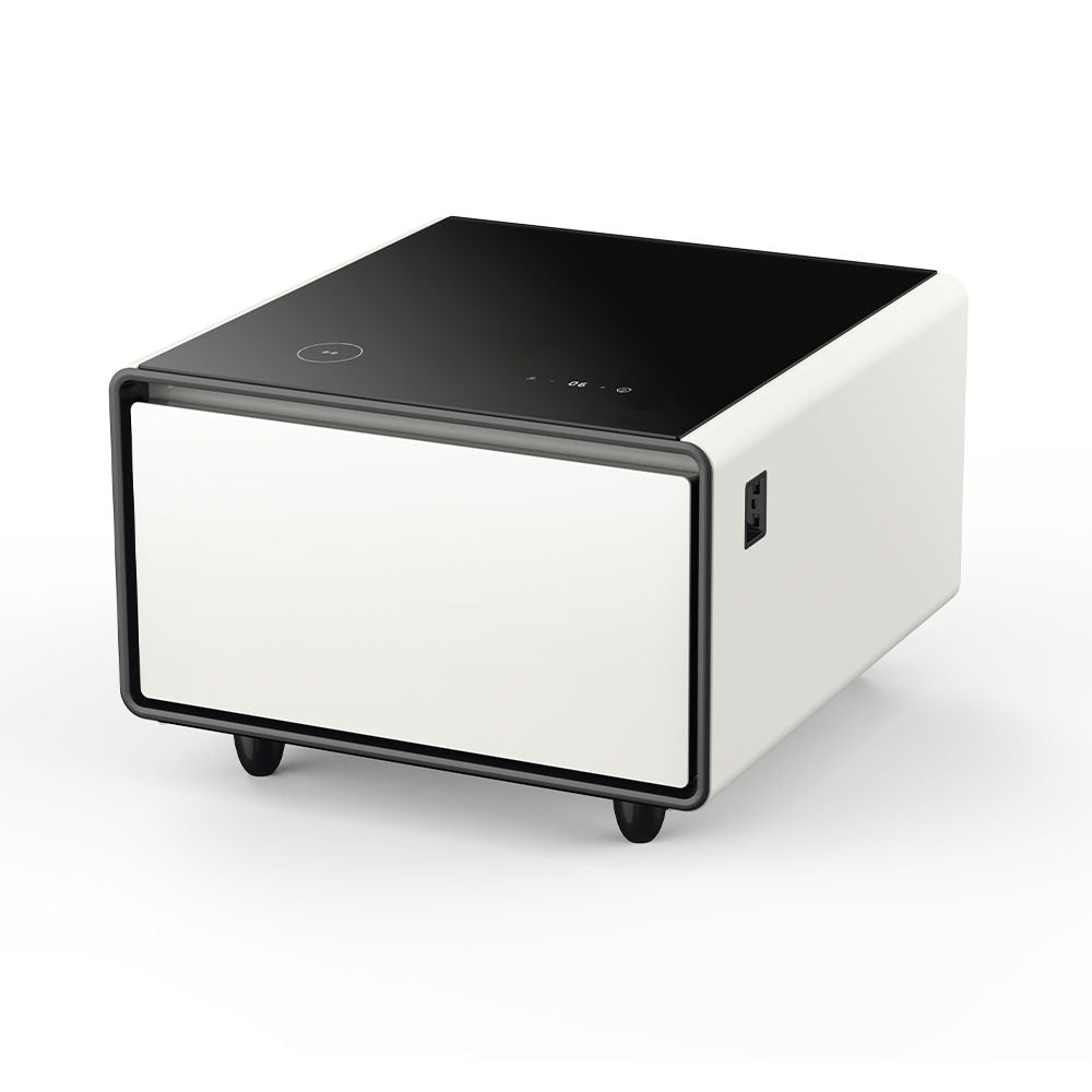 Modern Smart Side Table With Built-In Fridge, Wireless Charging, Temperature Control, Power Socket, USB Ports, Outlet Protection, Induction Light - White
