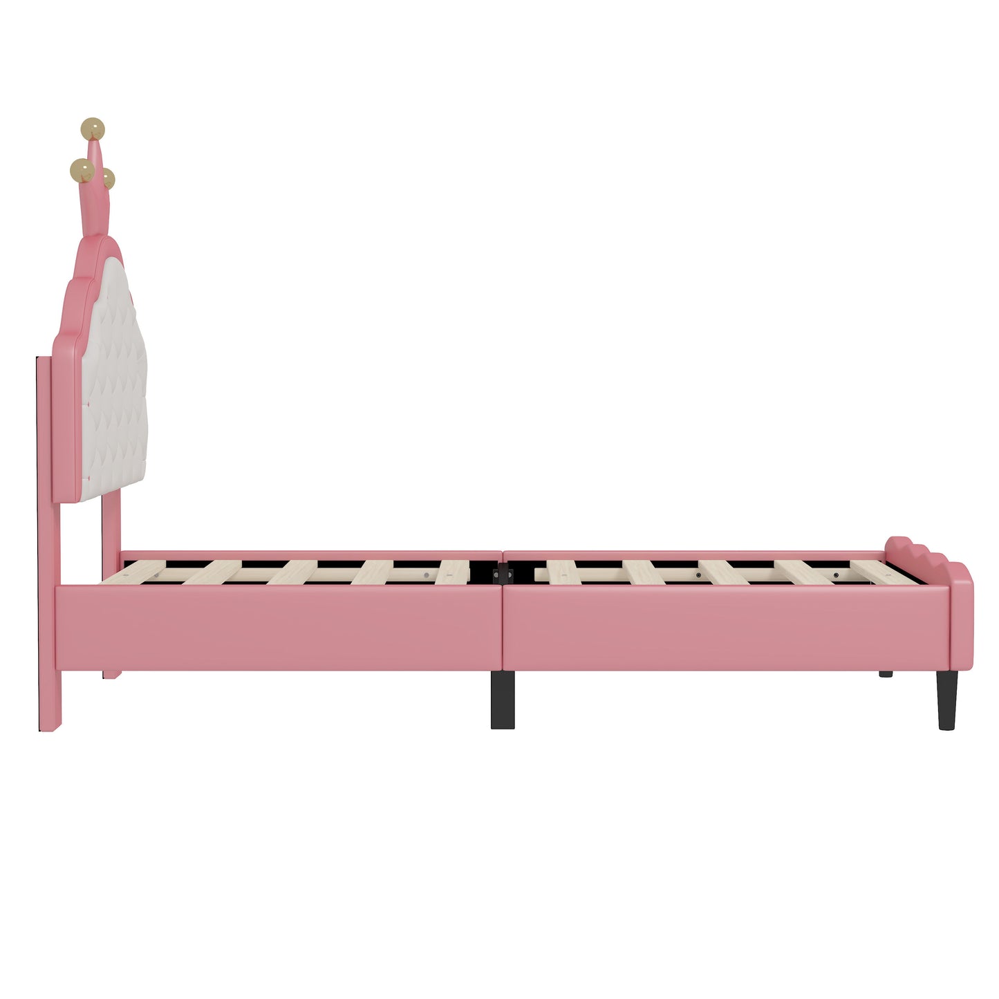 Twin Size Lovely Crown Fantasy Leather Princess Bed With Tufted Headboard - Pink / Cream