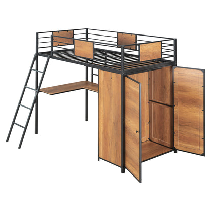 Twin Size Loft Bed With L Shape Desk And Wardrobe - Black