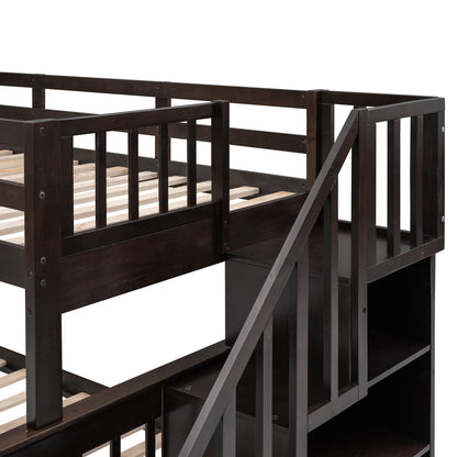 Twin Over Full Stairway Bunk Bed With Drawer, Storage And Guard Rail For Bedroom - Espresso