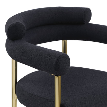 Dining Chairs (Set of 2), Mid-Century Modern Dining Chairs, Kitchen Dining Room Chairs, Round Boucle Backrest Sherpa Dining Chair With Brushed Bronze Metal Legs - Black