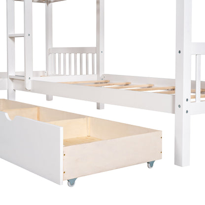 Twin L Shaped Bunk Bed With Drawers - White