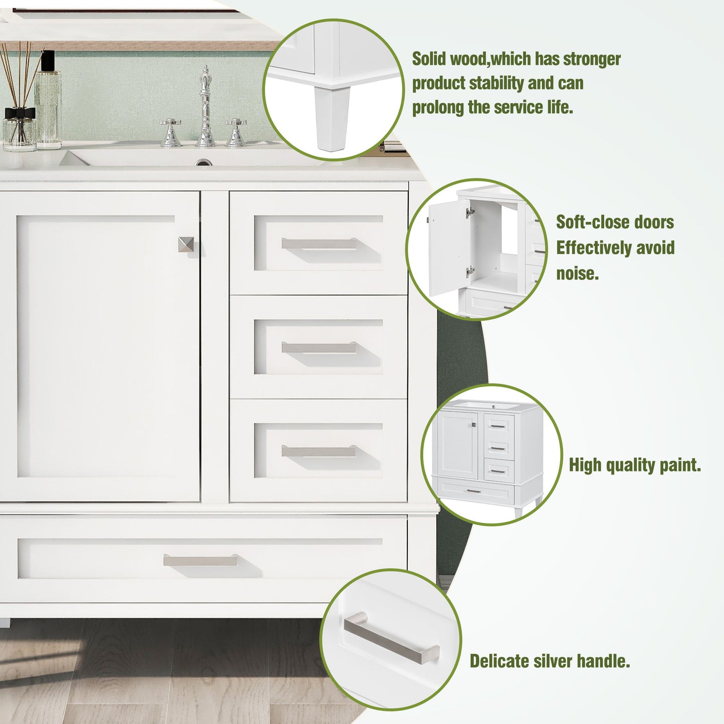 Bathroom Vanity, Modern Bathroom Cabinet With Sink Combo Set, Bathroom Storage Cabinet With A Soft Closing Door And 3 Drawers, Solid Wood Frame - White