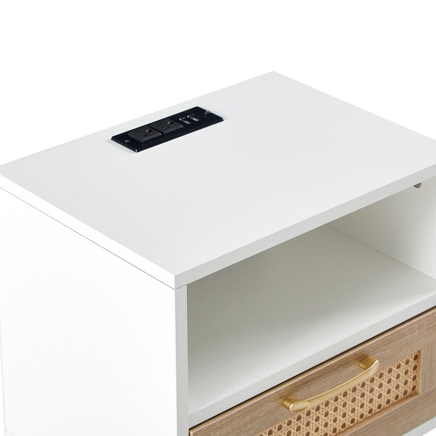 15.75" Rattan End Table With Power Outlet & USB Ports, Modern Nightstand With Drawer And Solid Wood Legs, Side Table For Living Room, Bedroom - White