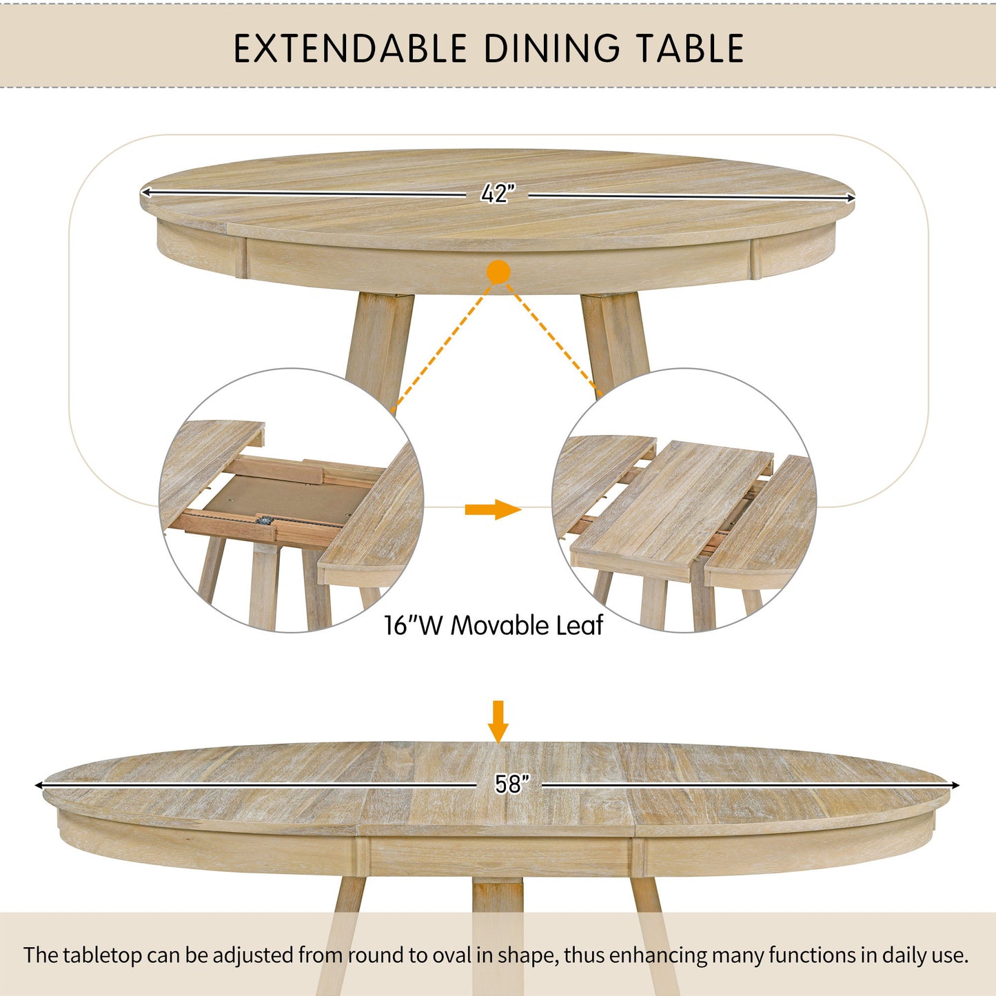 5 Piece Retro Functional Dining Set, Round Table With Leaf And 4 Upholstered Chairs For Dining Room And Living Room - Natural