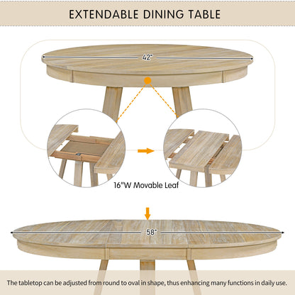 5 Piece Retro Functional Dining Set, Round Table With Leaf And 4 Upholstered Chairs For Dining Room And Living Room - Natural