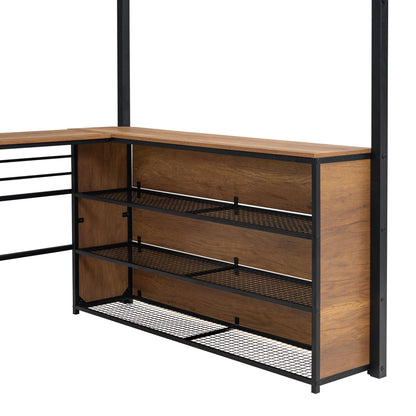 Full Size Loft Bed With 3 Layers Of Shelves And L-Shaped Desk - Black