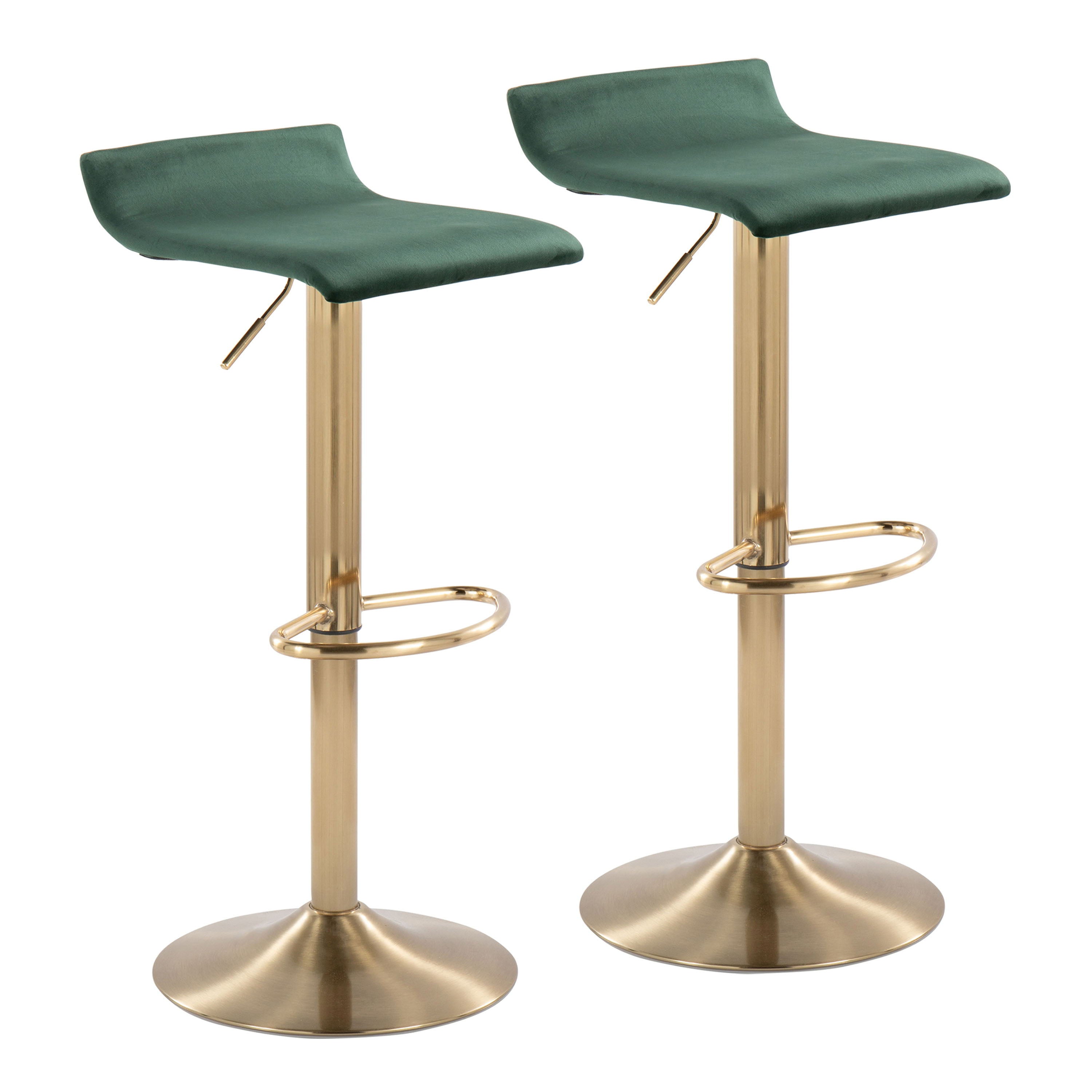 Ale - Contemporary / Glam Adjustable Height Barstool With Swivel With Oval Footrest (Set of 2) - Gold / Green