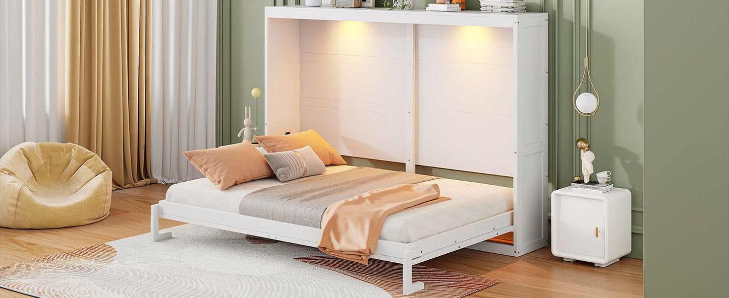 Queen Size Murphy Wall Bed Modern Design With LED Lights - White