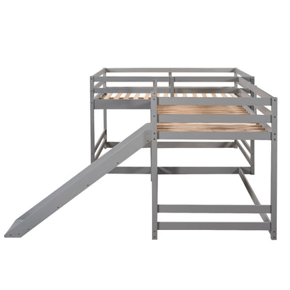 Full And Twin Size L-Shaped Bunk Bed With Slide And Short Ladder - Gray