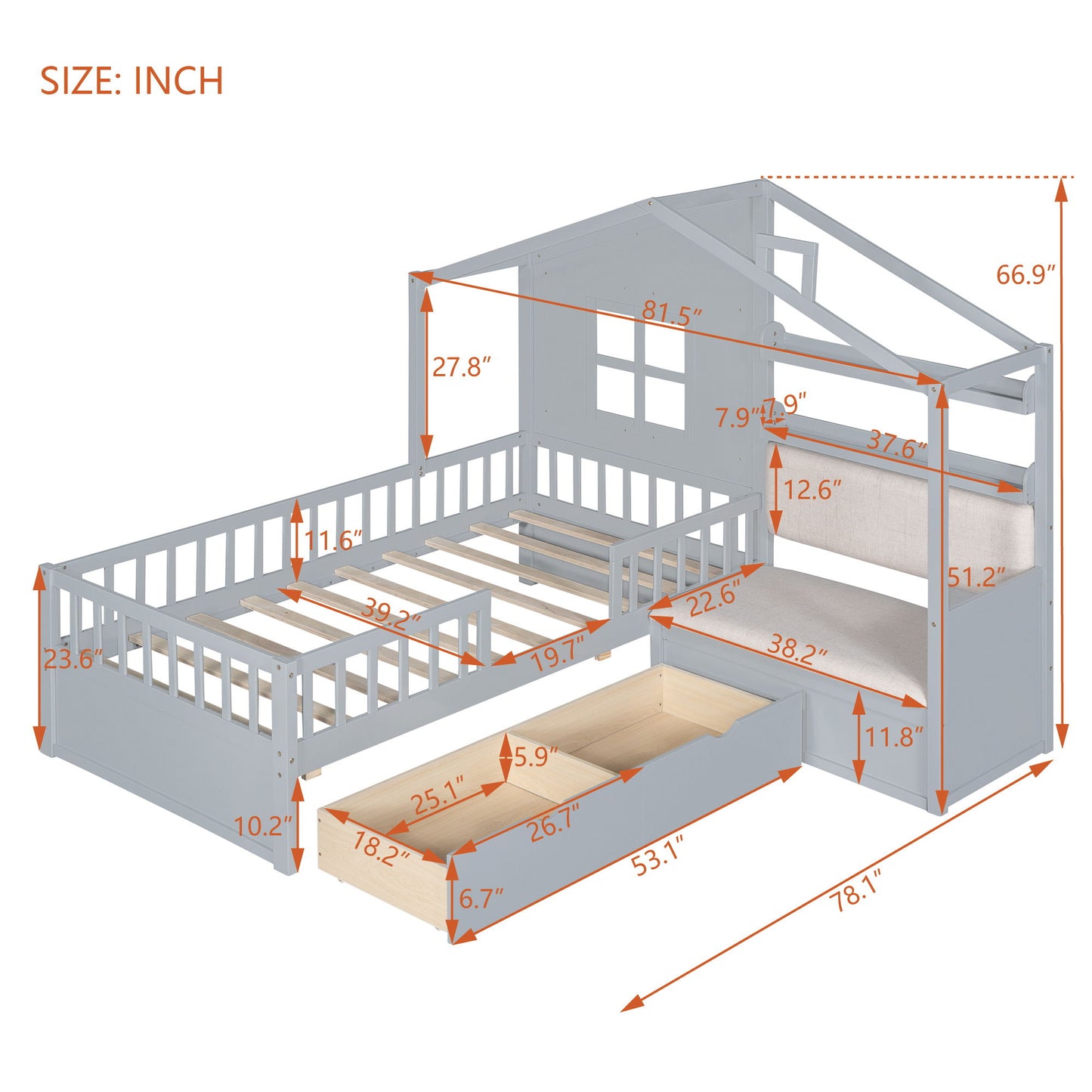 Twin Size House Bed With Sofa, Kids Platform Bed With 2 Drawers And Storage Shelf - Gray
