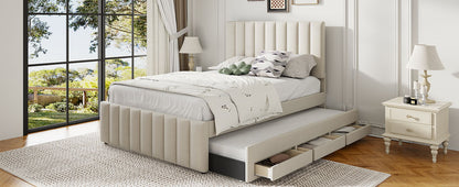 Full Size Upholstered Platform Bed With Twin Size Trundle And 3 Drawers - Beige