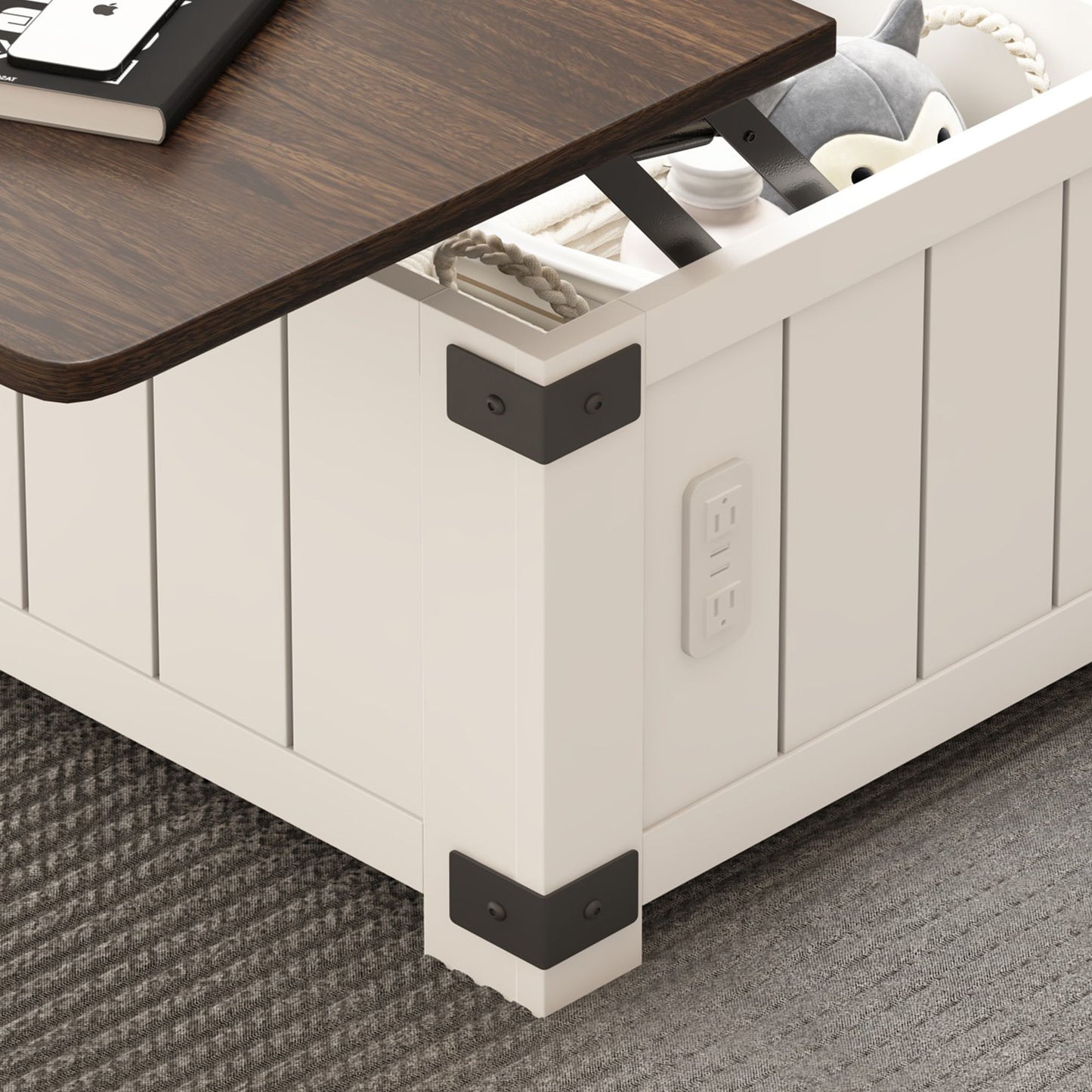 Farmhouse Style Lift Top Coffee Table With Storage And Charging Station - White Wood