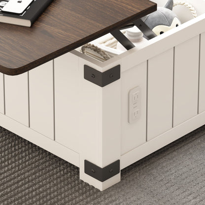 Farmhouse Style Lift Top Coffee Table With Storage And Charging Station - White Wood
