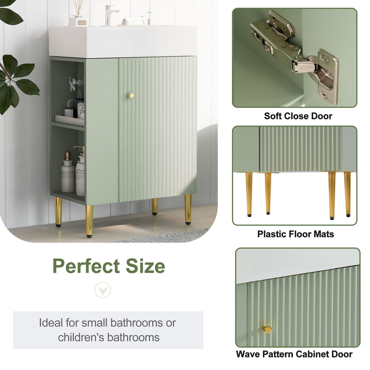 Bathroom Vanity, Combo Cabinet, Bathroom Storage Cabinet, Single Ceramic Sink, Left Side Storage - Green