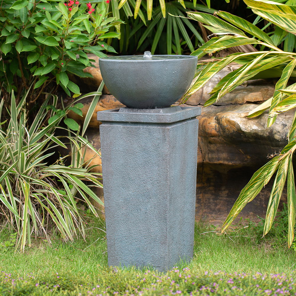 16.3" Polyresin Zen Bowl Water Fountain, Outdoor Bird Feeder / Bath Fountains, Relaxing Water Feature For Garden Lawn Backyard Porch - Gray