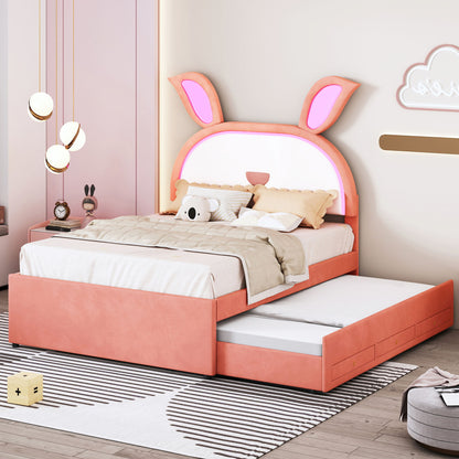 Full Size Upholstered Platform Bed With Trundle And 3 Drawers, Rabbit-Shaped Headboard With Embedded LED Lights - Pink