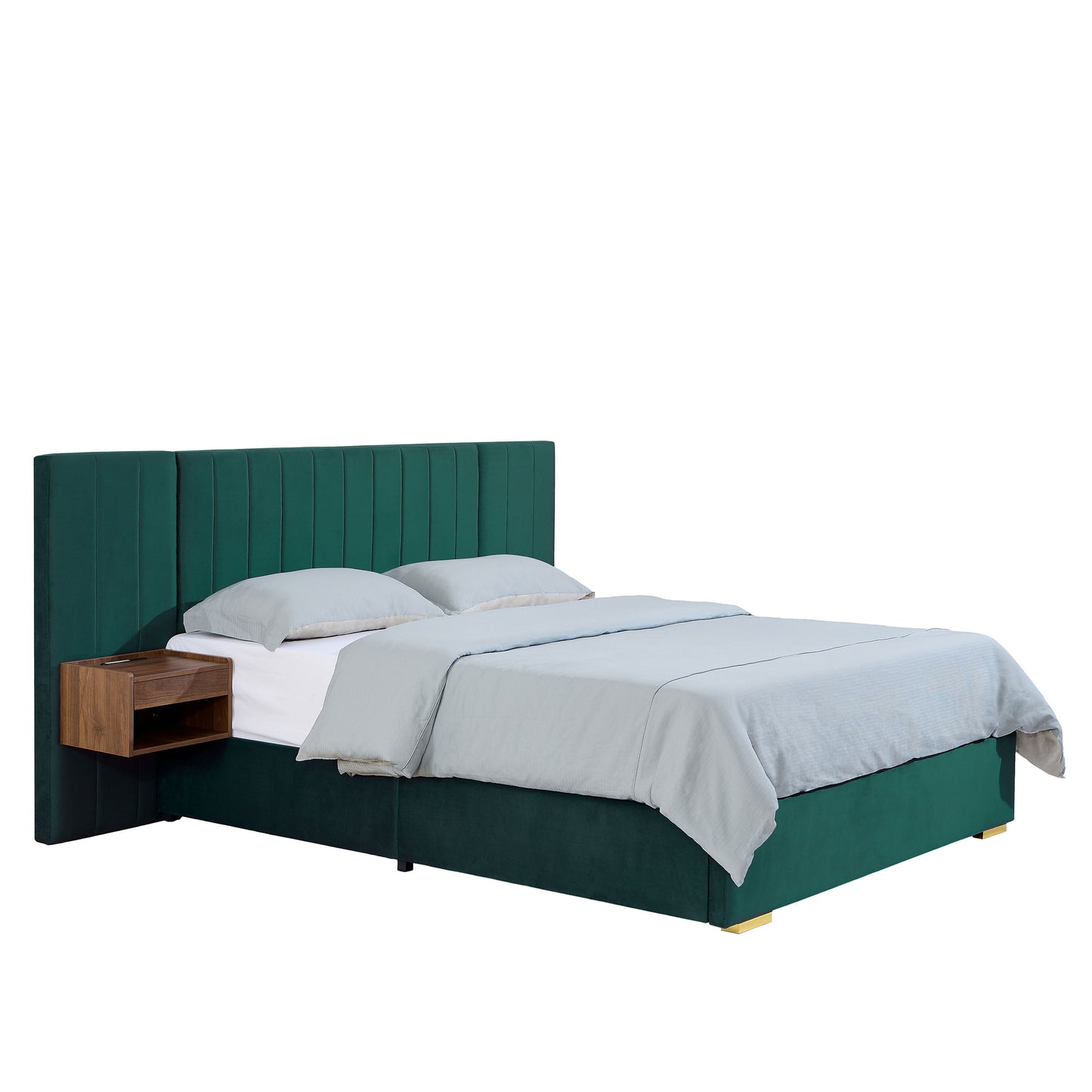 Upholstered Queen Size Bed Frame Of Velvet Tufted Headboard With Floating Nightstand LED / USB Built - Green