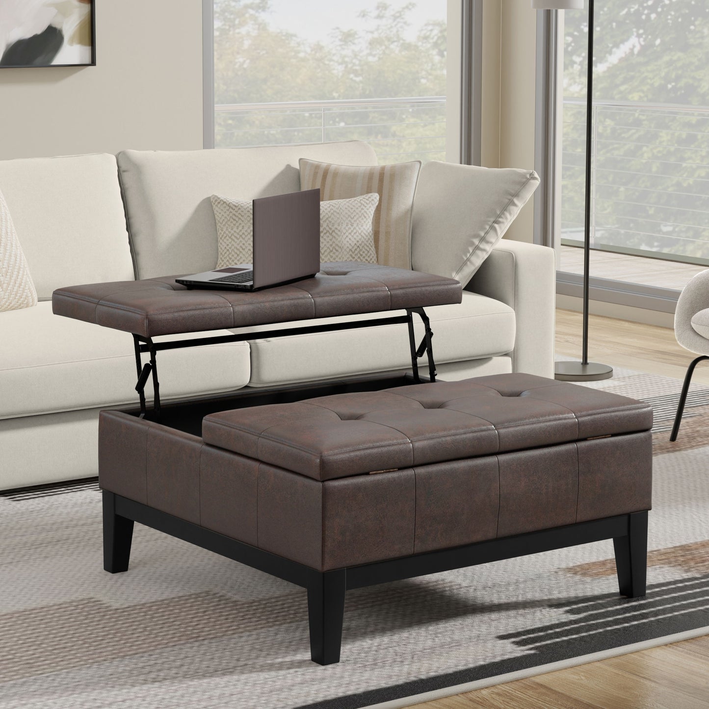 Dover - Lift Top Coffee Table Storage Ottoman - Distressed Brown
