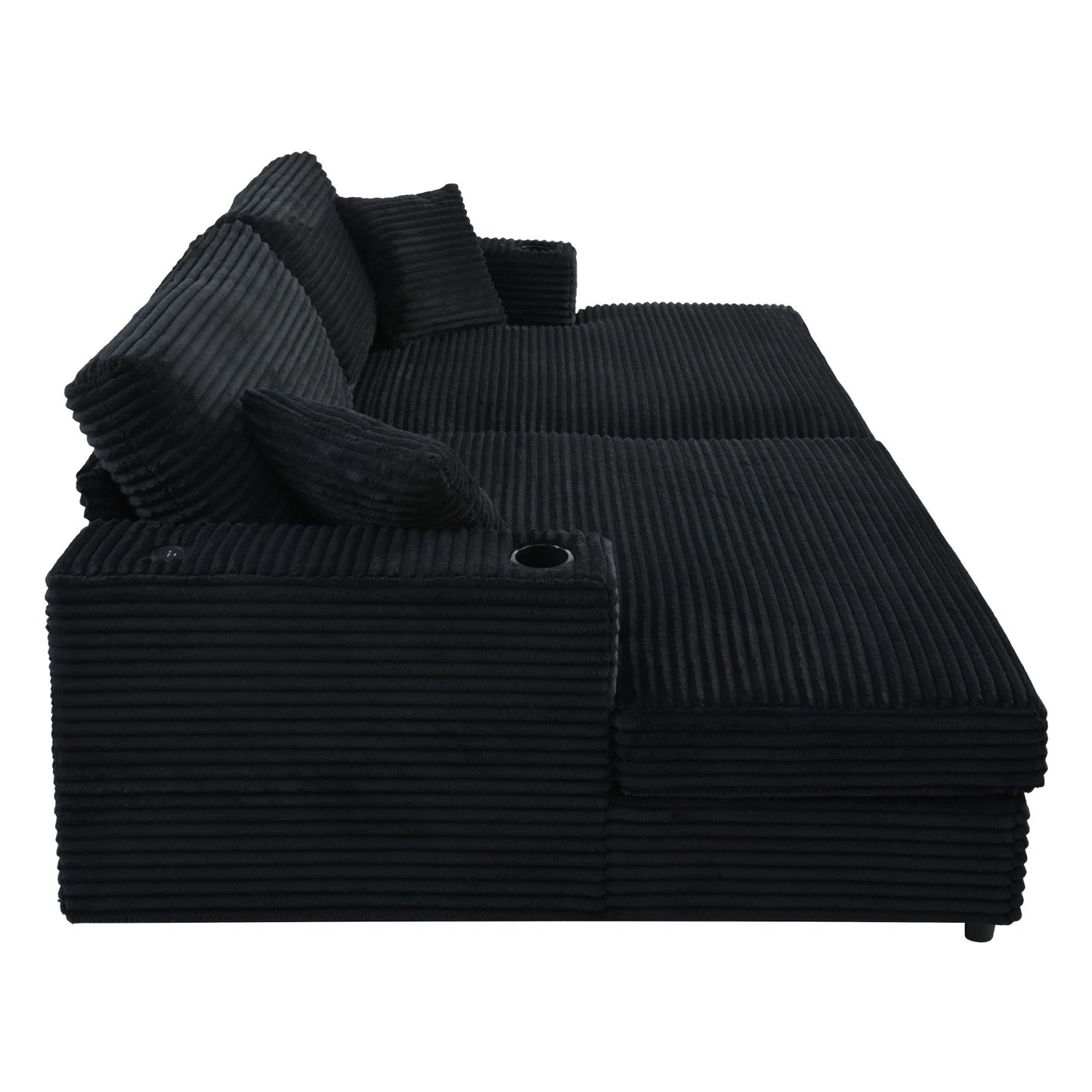 Oversized Loveseat Chaise Lounge Sectional Sofa Bed Corduroy Sleeper Sofa With 2 USB Ports, 2 Cup Holders And 2 Throw Pillows For Living Room And Bedroom - Black