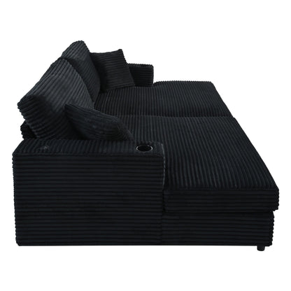 Oversized Loveseat Chaise Lounge Sectional Sofa Bed Corduroy Sleeper Sofa With 2 USB Ports, 2 Cup Holders And 2 Throw Pillows For Living Room And Bedroom - Black
