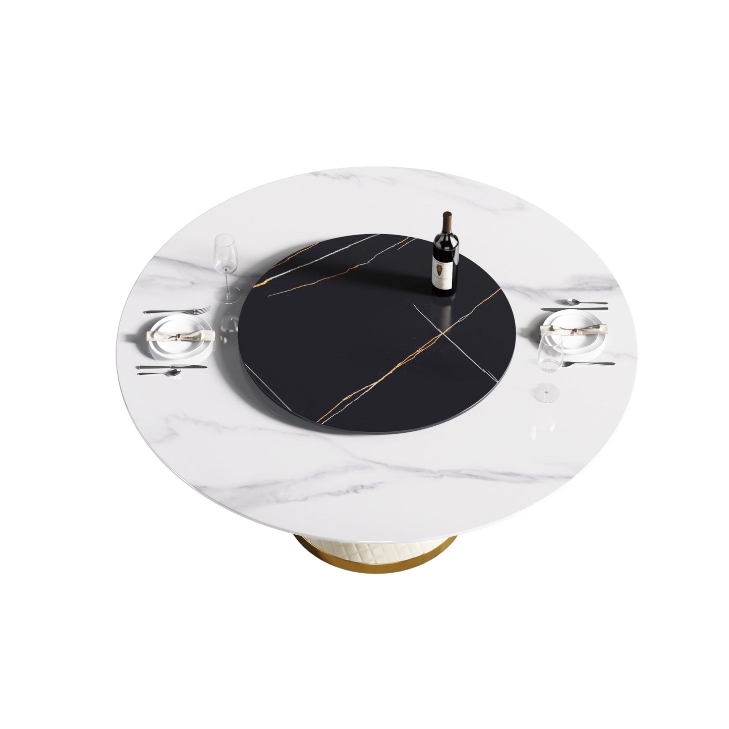 59.05" Modern Artificial Stone Round Carbon Steel Base Dining Table, Black Artificial Stone Turntable - White