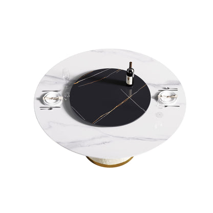 59.05" Modern Artificial Stone Round Carbon Steel Base Dining Table, Black Artificial Stone Turntable - White