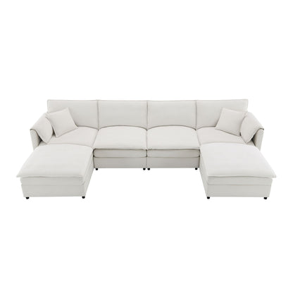Chenille Modular Sectional Sofa, U Shaped Cloud Couch Set With Double Cushions, 6 Seat Sleeper Sofa Bed With Ottomans, Oversized Indoor Furniture - Cream