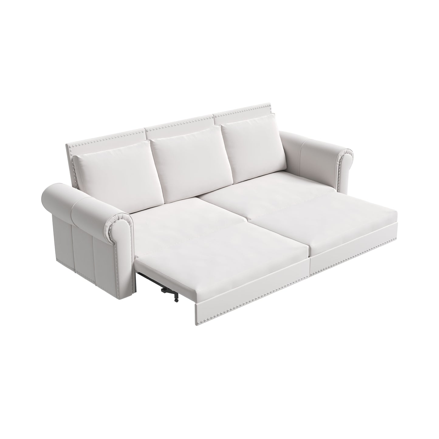 King Pull Out Sofa Bed, Chesterfield Sofa, 3 In 1 Velvet Convertible Sleeper Sofa With Nailhead Trim & Rolled Arm, Multifunctional Sofa Bed For Living Room - Beige