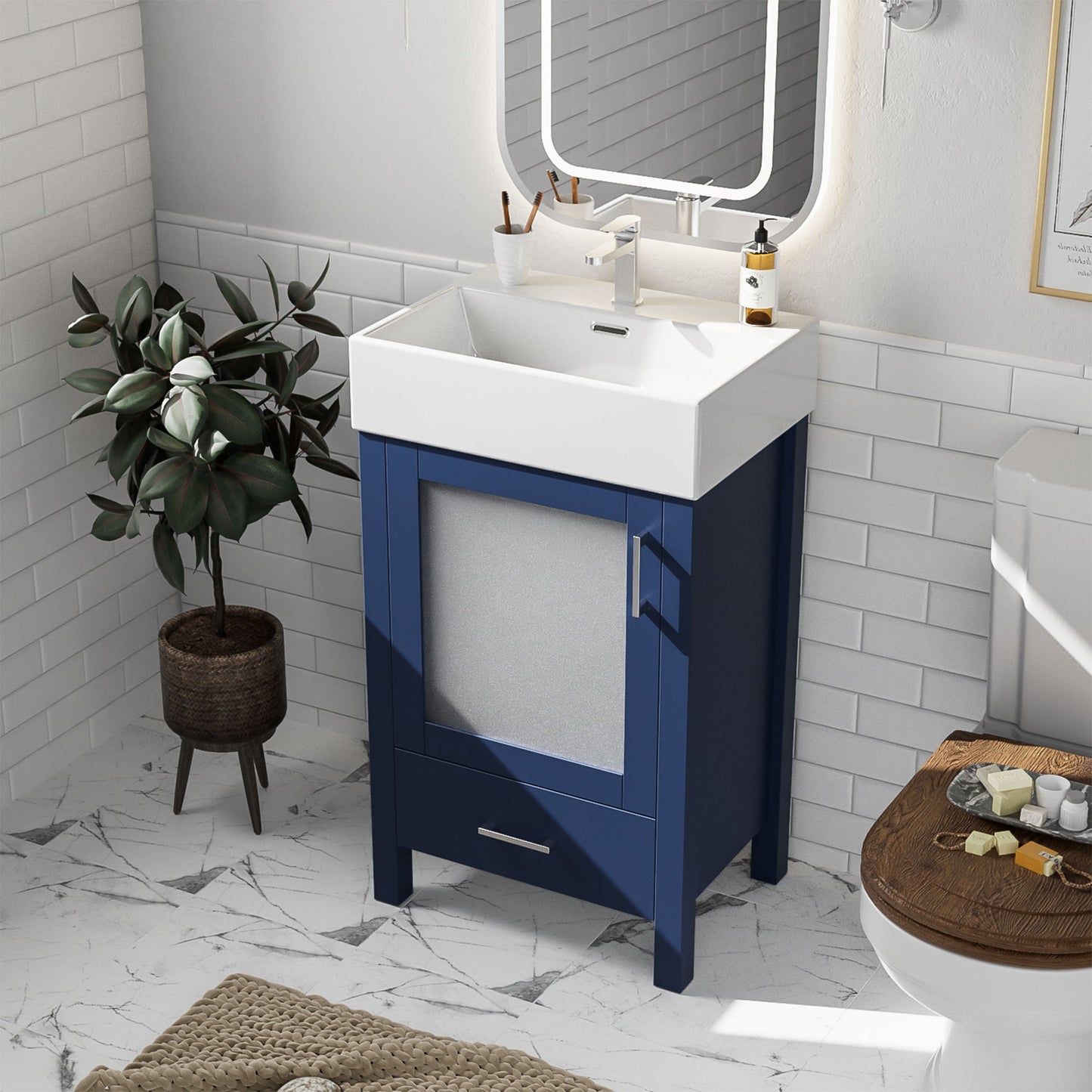 Bathroom Vanity With Ceramic Sink And Ample Storage, Ideal For Small Bathrooms - Blue