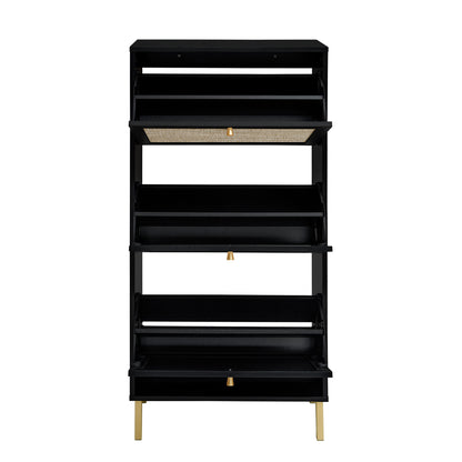 Modern Rattan 3 Door Shoe Rack Cabinet For Entryway Freestanding Black Storage Unit In Particle Board - Black