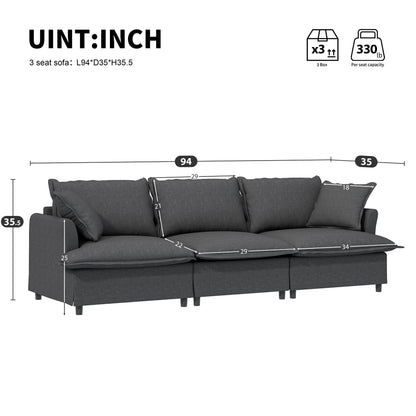 3 Seat Sofa Module For Modular Sectional Wide Seat Cloud Couch With Throw Pillows Upholstered - Gray