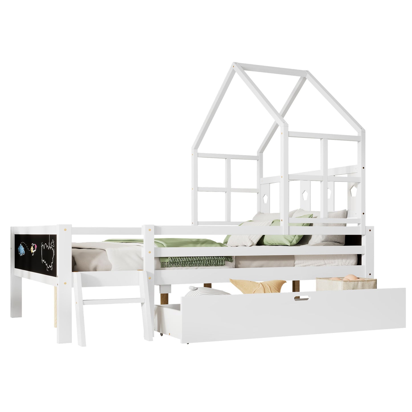 Full Size House Bed With Ladder And Storage Drawers Platform With Blackboard, No Box Spring - White