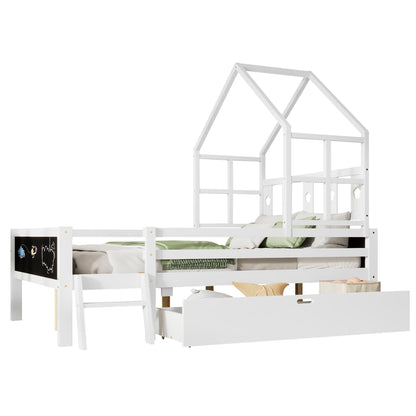 Full Size House Bed With Ladder And Storage Drawers Platform With Blackboard, No Box Spring - White