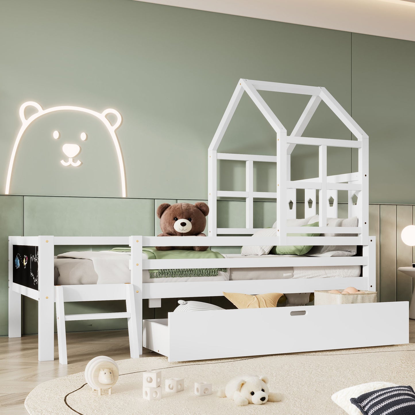 Full Size House Bed With Ladder And Storage Drawers Platform With Blackboard, No Box Spring - White