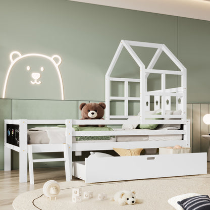 Full Size House Bed With Ladder And Storage Drawers Platform With Blackboard, No Box Spring - White