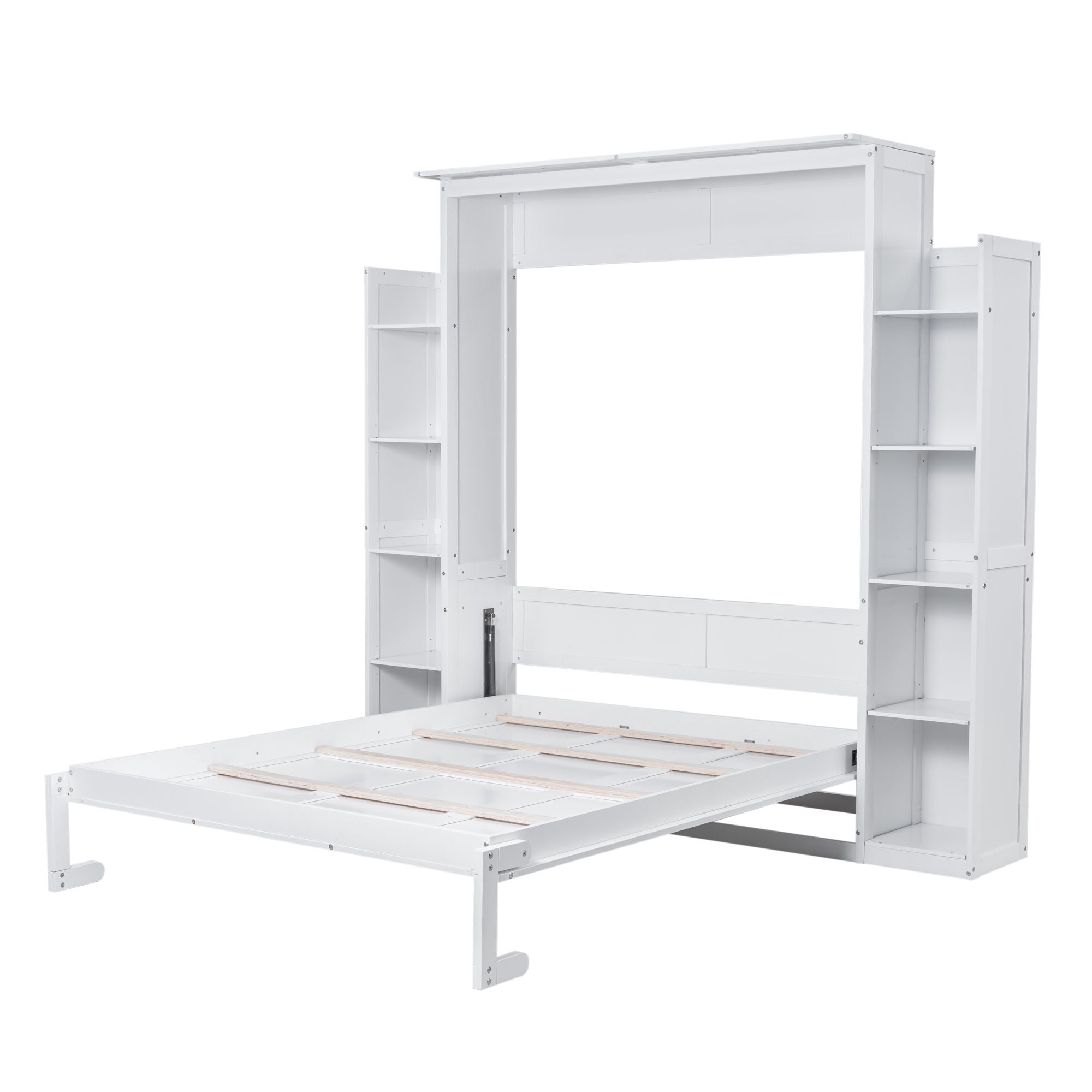 Queen Size Murphy Wall Bed With Shelves And LED Lights - White