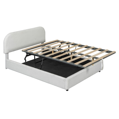 Full Size Upholstered Platform Bed With Hydraulic Storage System - White