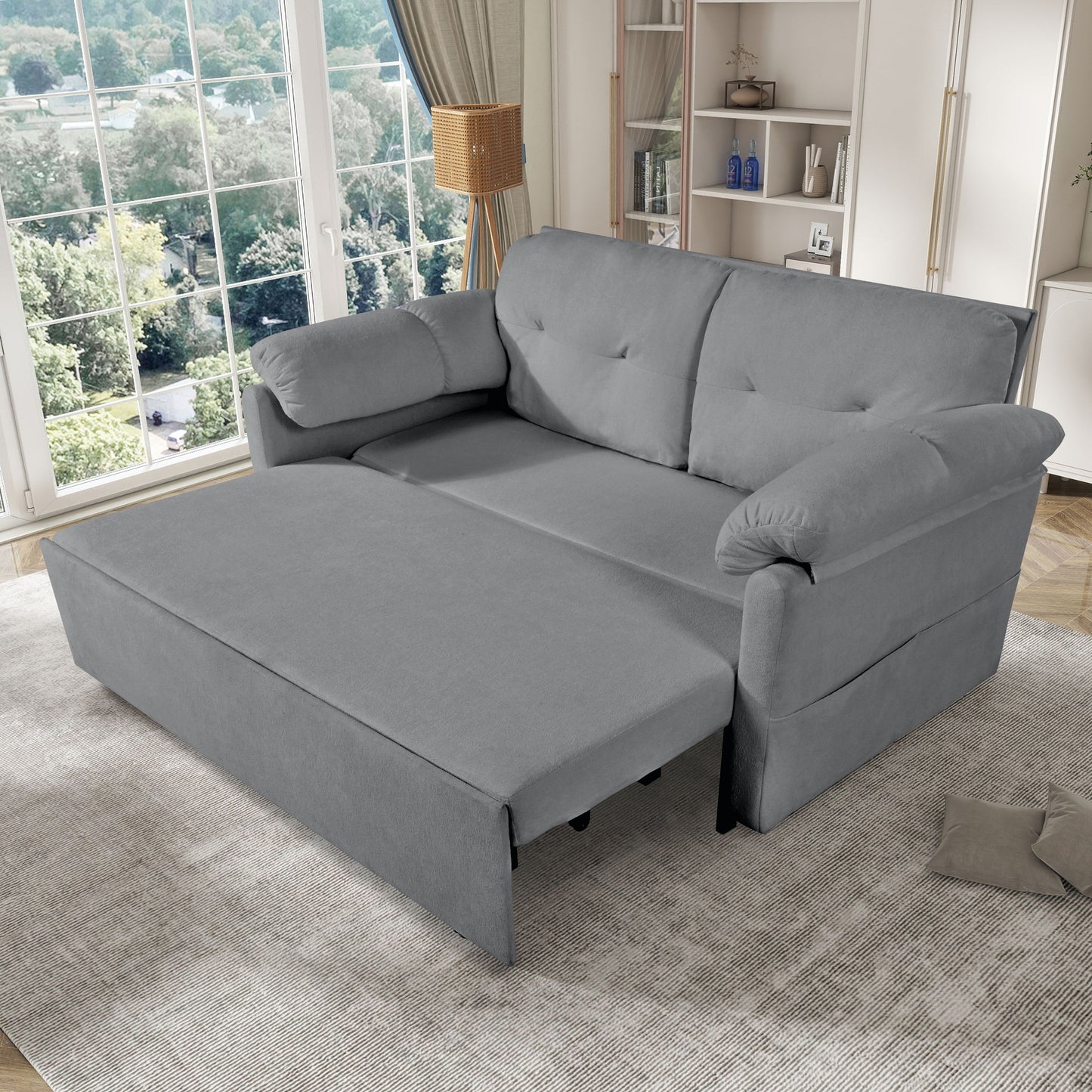 Modern Convertible Sleeper Sofa Bed With Pull Out Queen Design, Side Storage & Thick Cushions Chenille Loveseat For Living Room Or Bedroom 3 In 1 Function - Gray