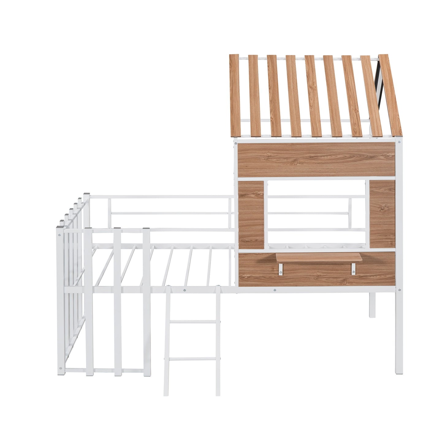 Twin Size Loft Bed With Roof, Window, Guardrail, Ladder - White